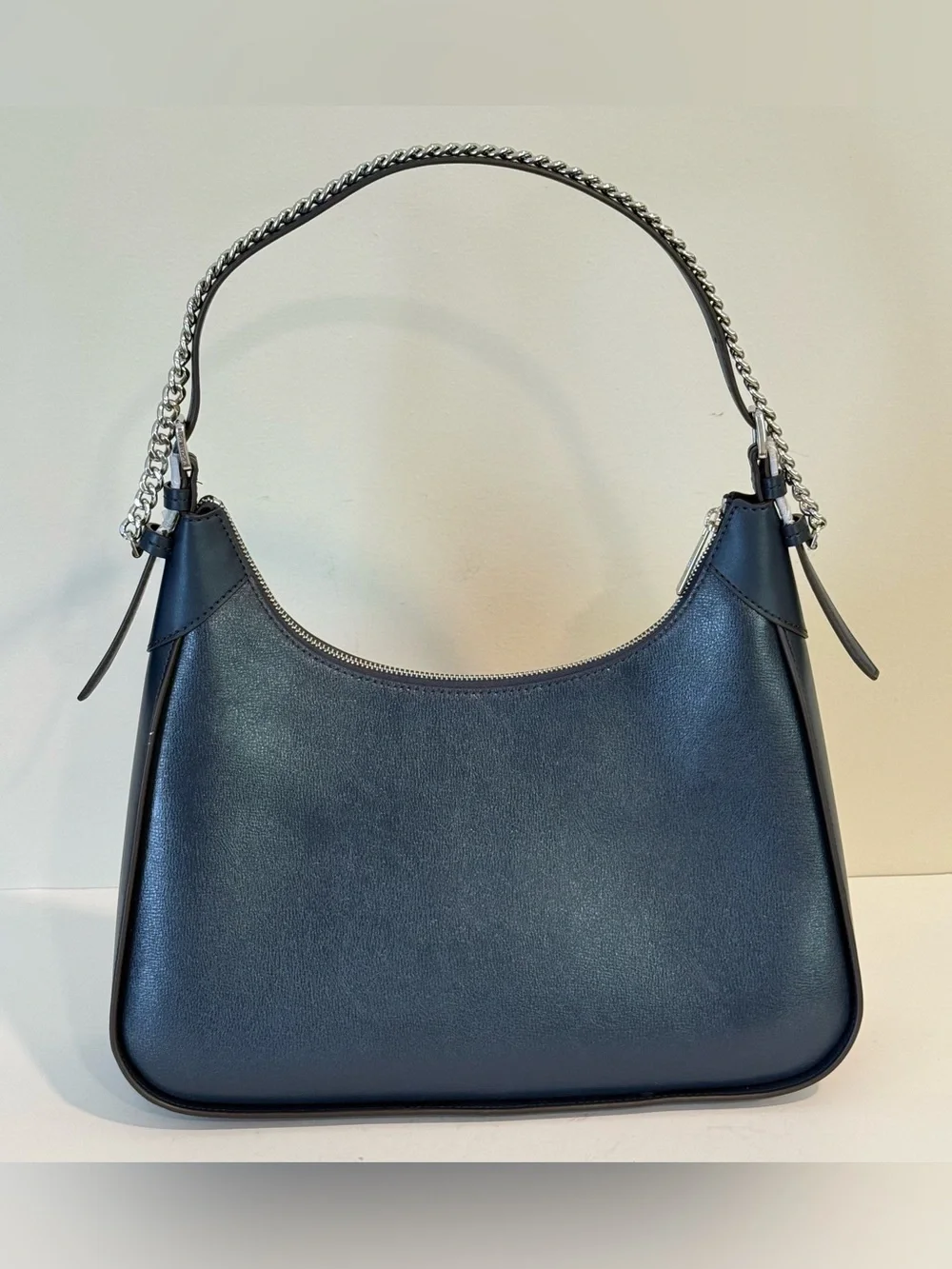 Michael Kors Wilma Navy Blue Leather Purse Silver Tone Chain Shoulder Bag